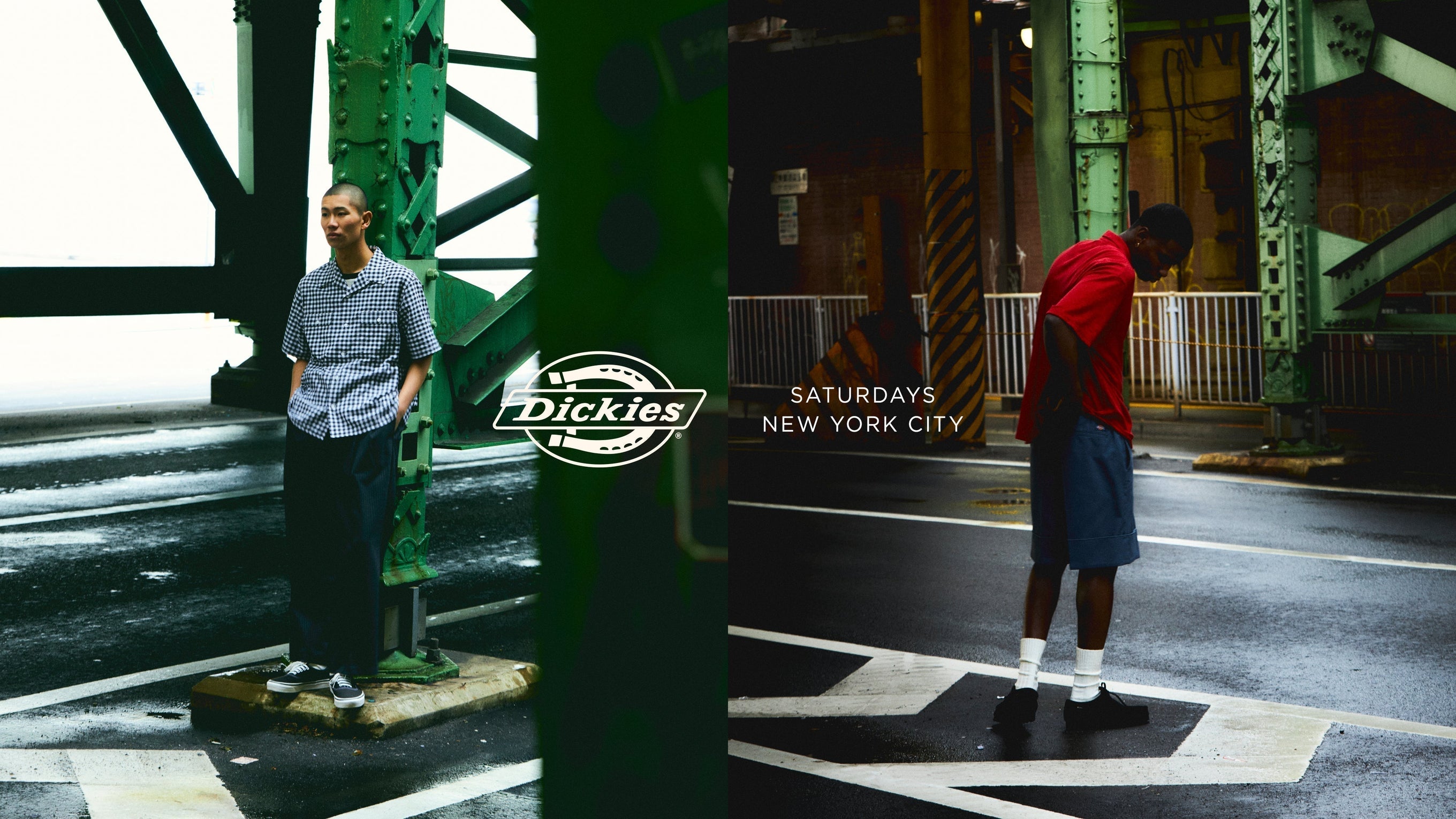 Model wearing apparel from the Saturdays NYC x Dickies collaboration, featuring workwear-inspired pieces styled with a modern, urban aesthetic.