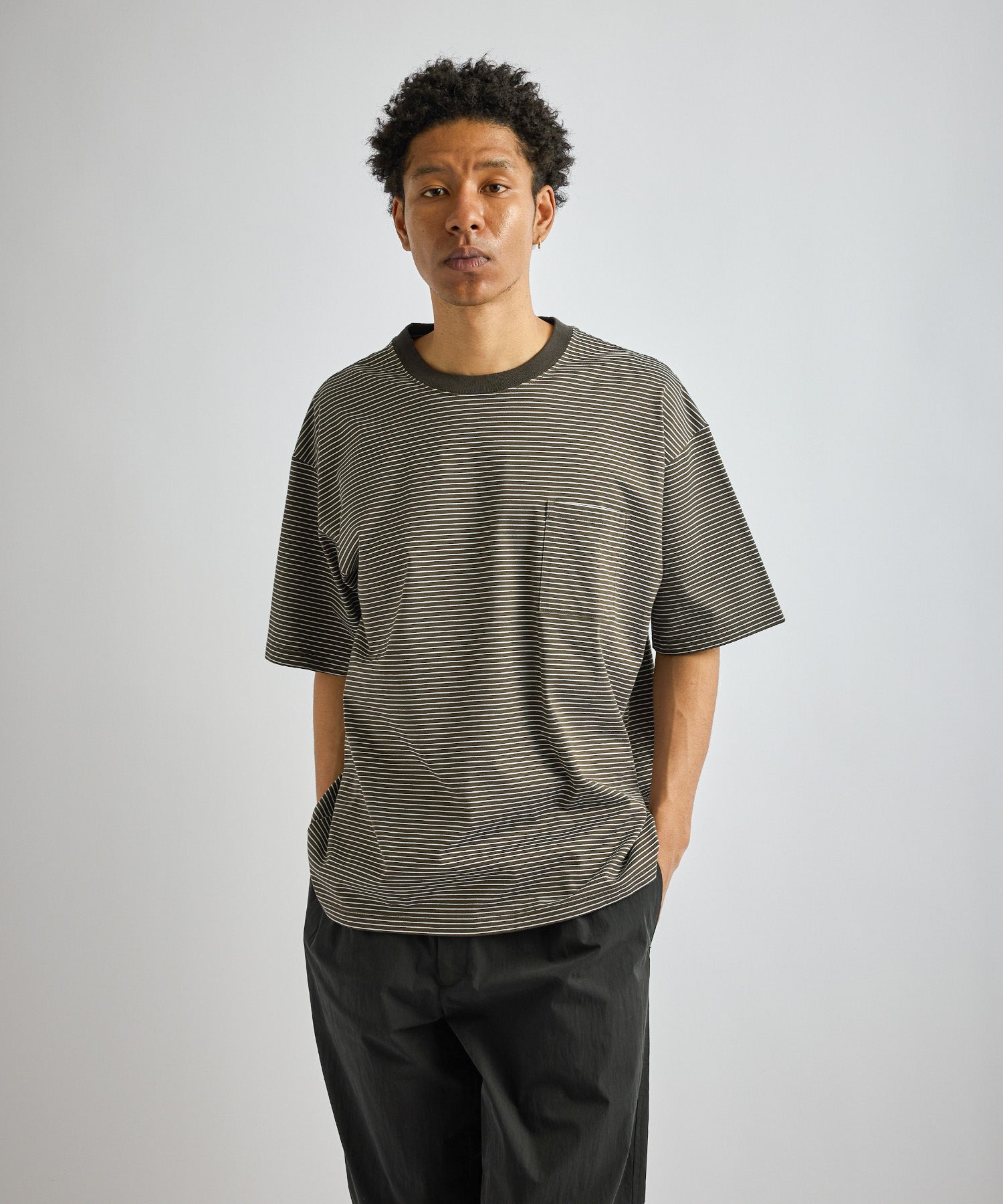 Saturdays NYC Randall Stripe Relaxed Tee in Olive Green