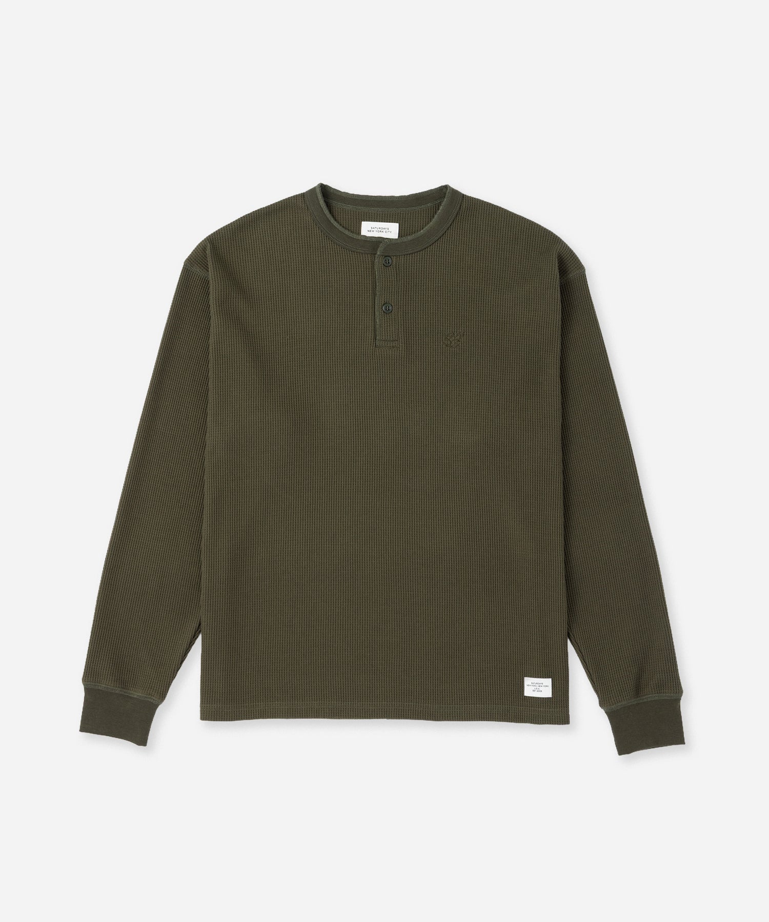Saturdays NYC Alex Waffle Henley Neck Top in Olive Green