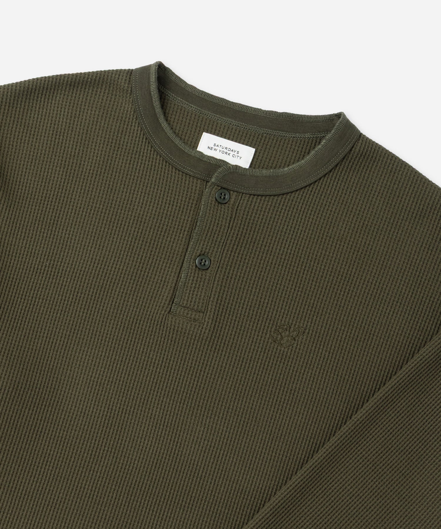 Saturdays NYC Alex Waffle Henley Neck Top in Olive Green