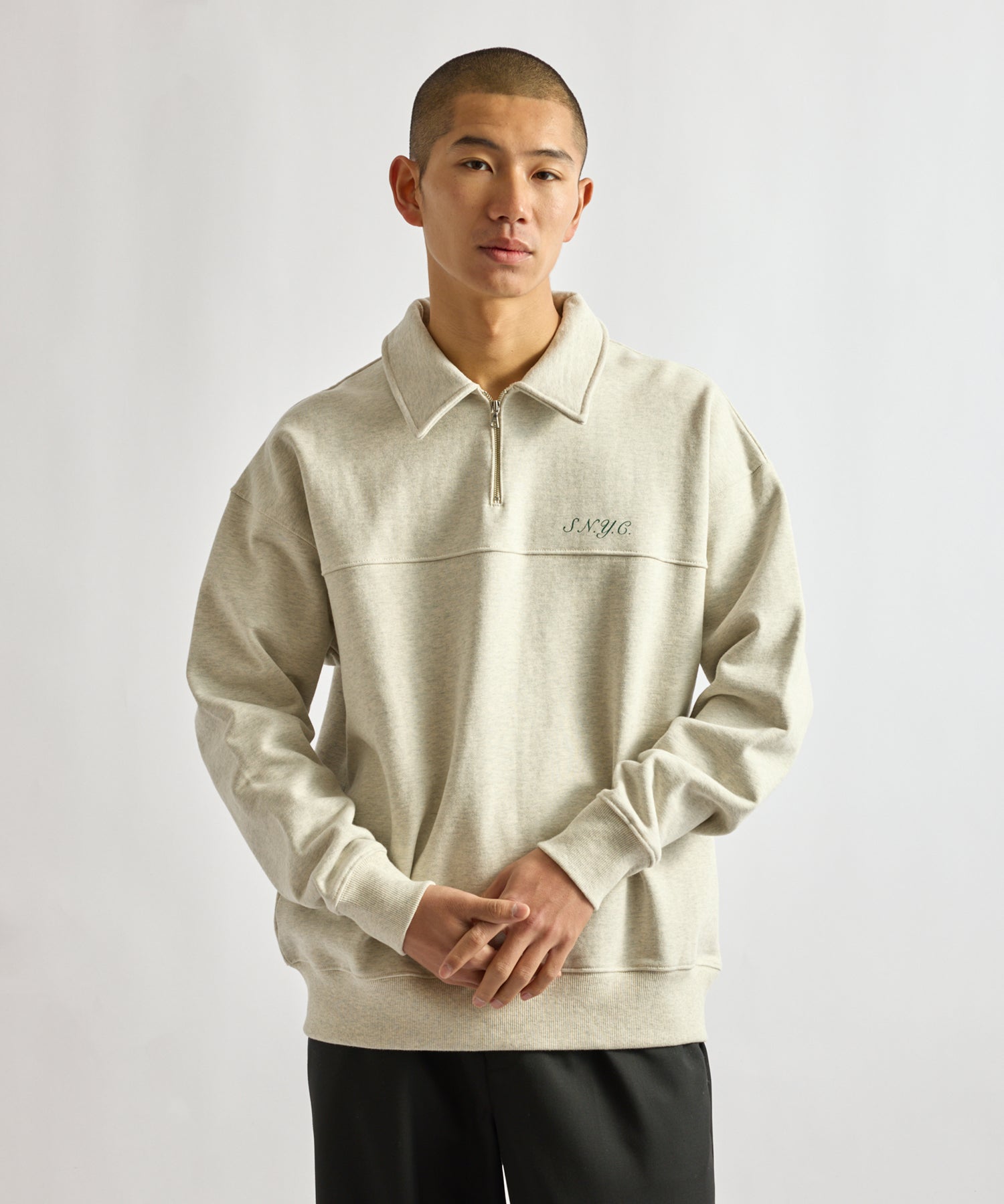 Saturdays NYC Mott Relaxed Quarter Zip Sweatshirt in Light Gray