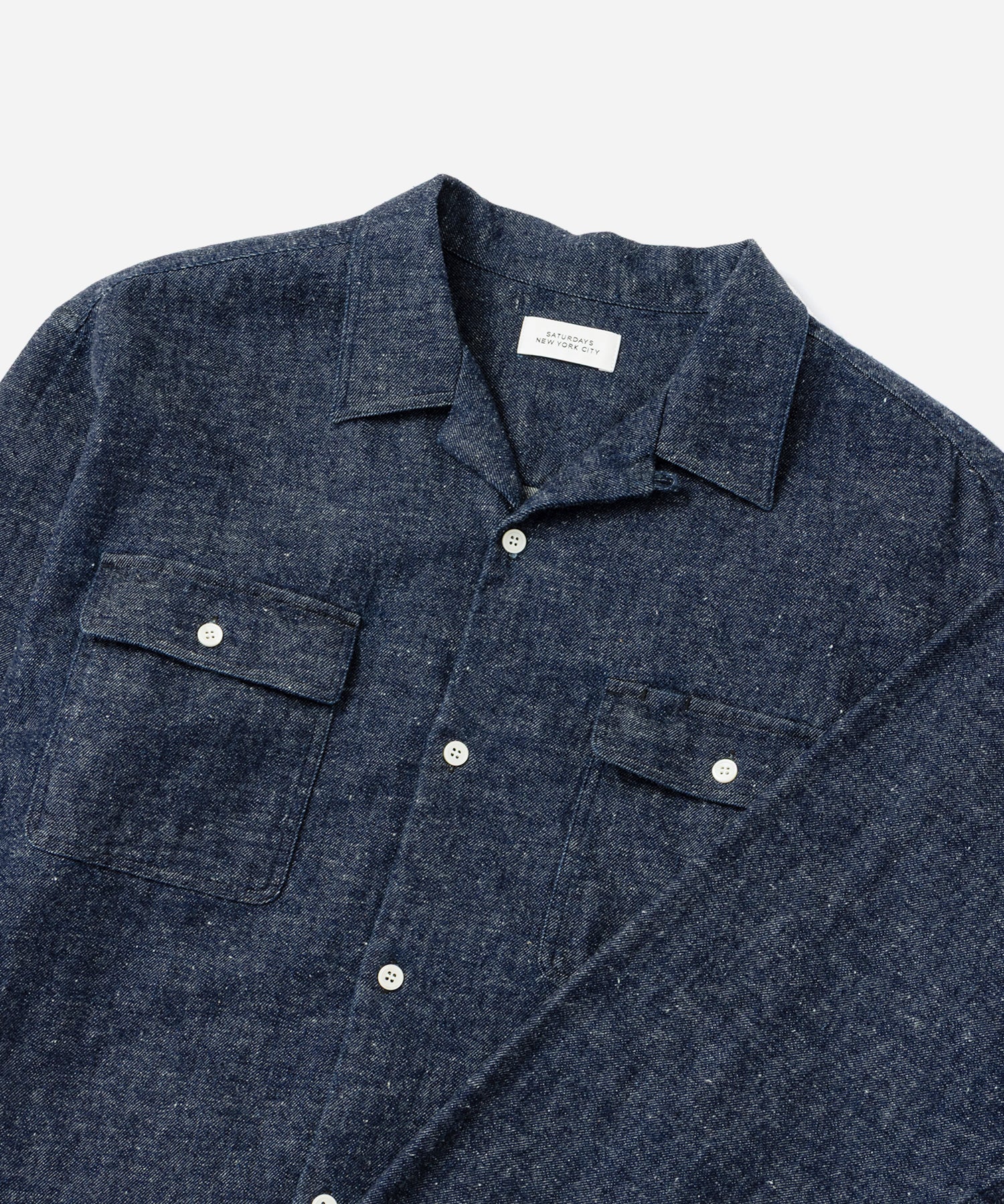 Saturdays NYC Hanley Long Sleeve Open Collar Shirt in Navy