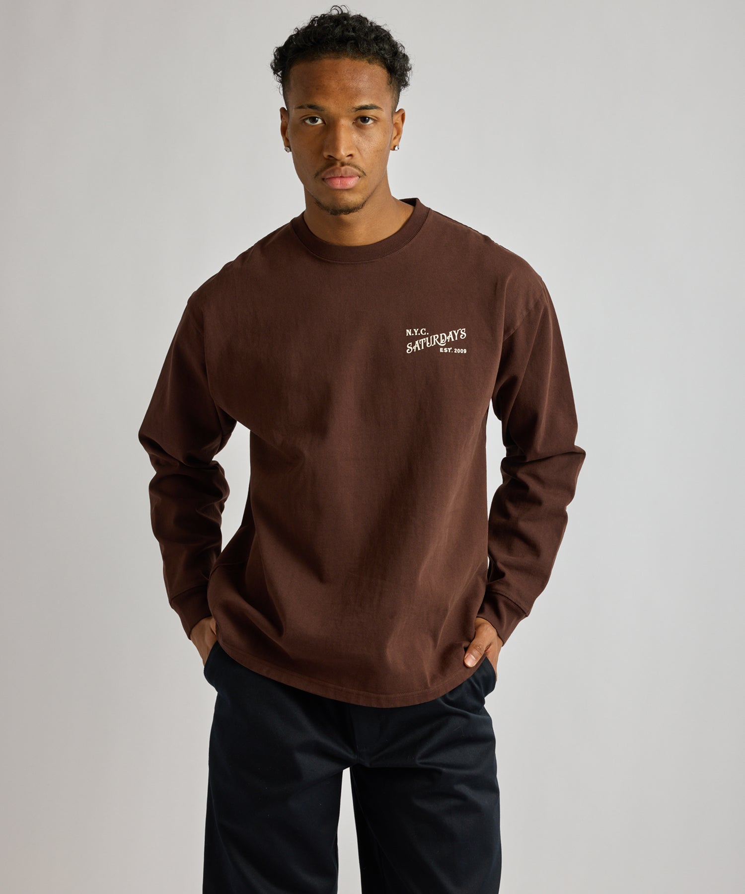 Saturdays NYC Max Weight Vintage Serif Long Sleeve Tee in Dark Brown