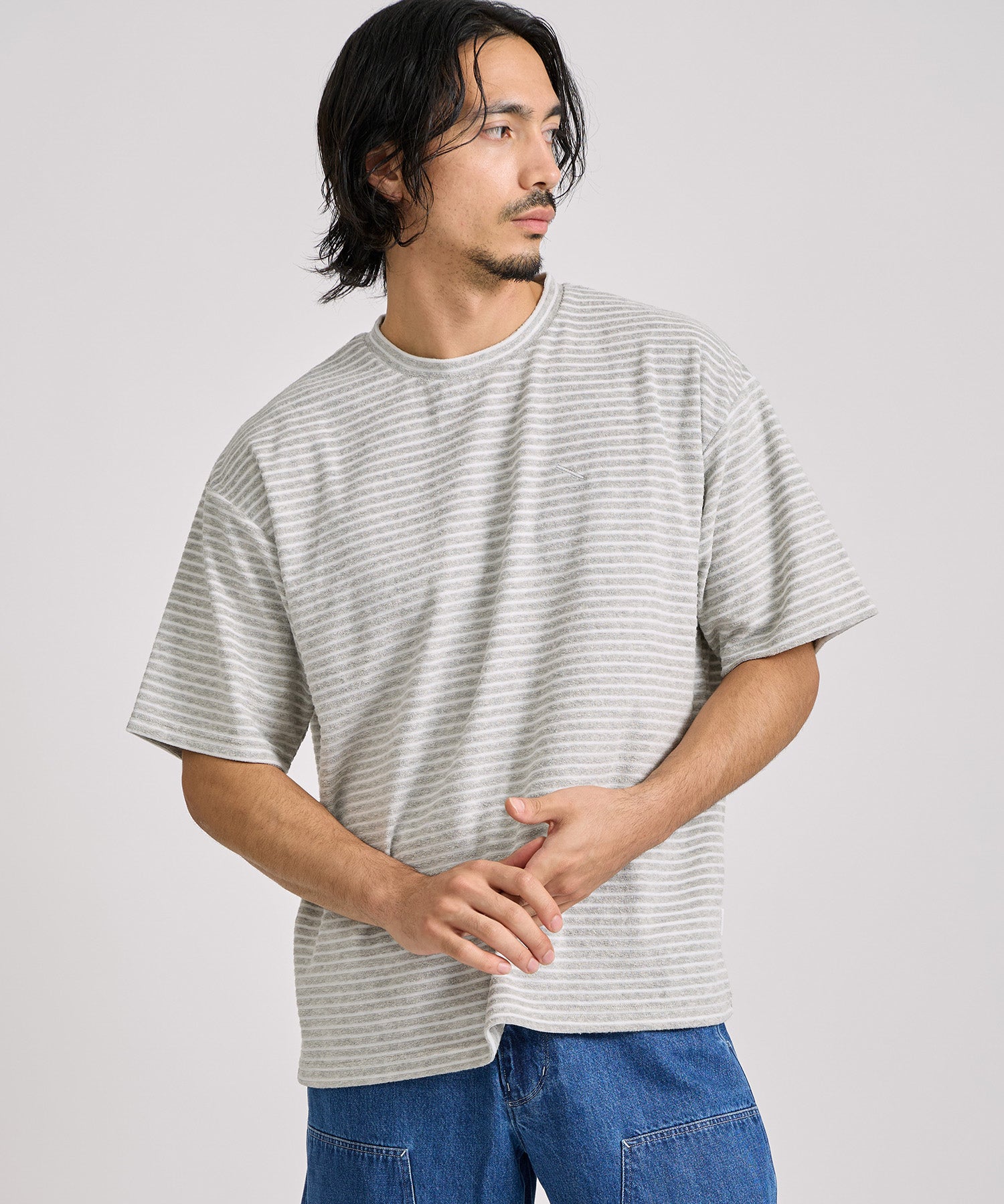Saturdays NYC Brandon Striped Pile Relaxed Tee in Gray