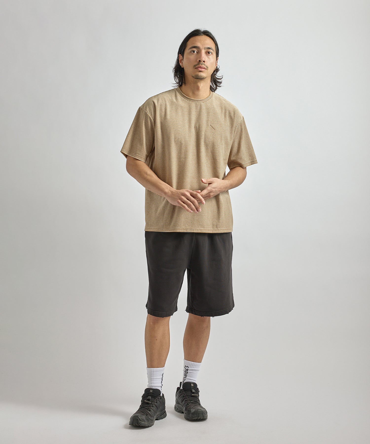 Saturdays NYC Velour Stripe Relaxed Short Sleeve Tee in Beige