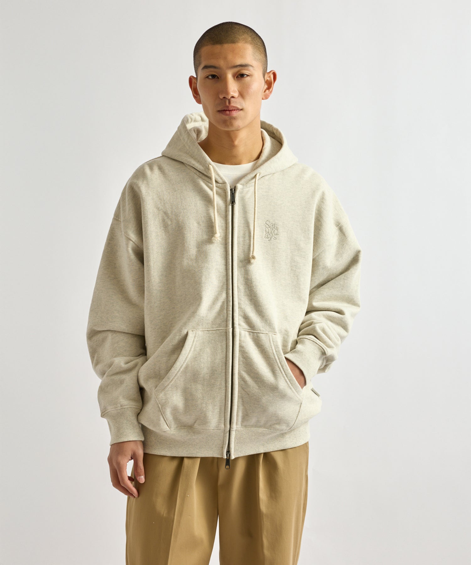 Saturdays NYC Canal Waffle Lined Zip Hoodie in Light Gray
