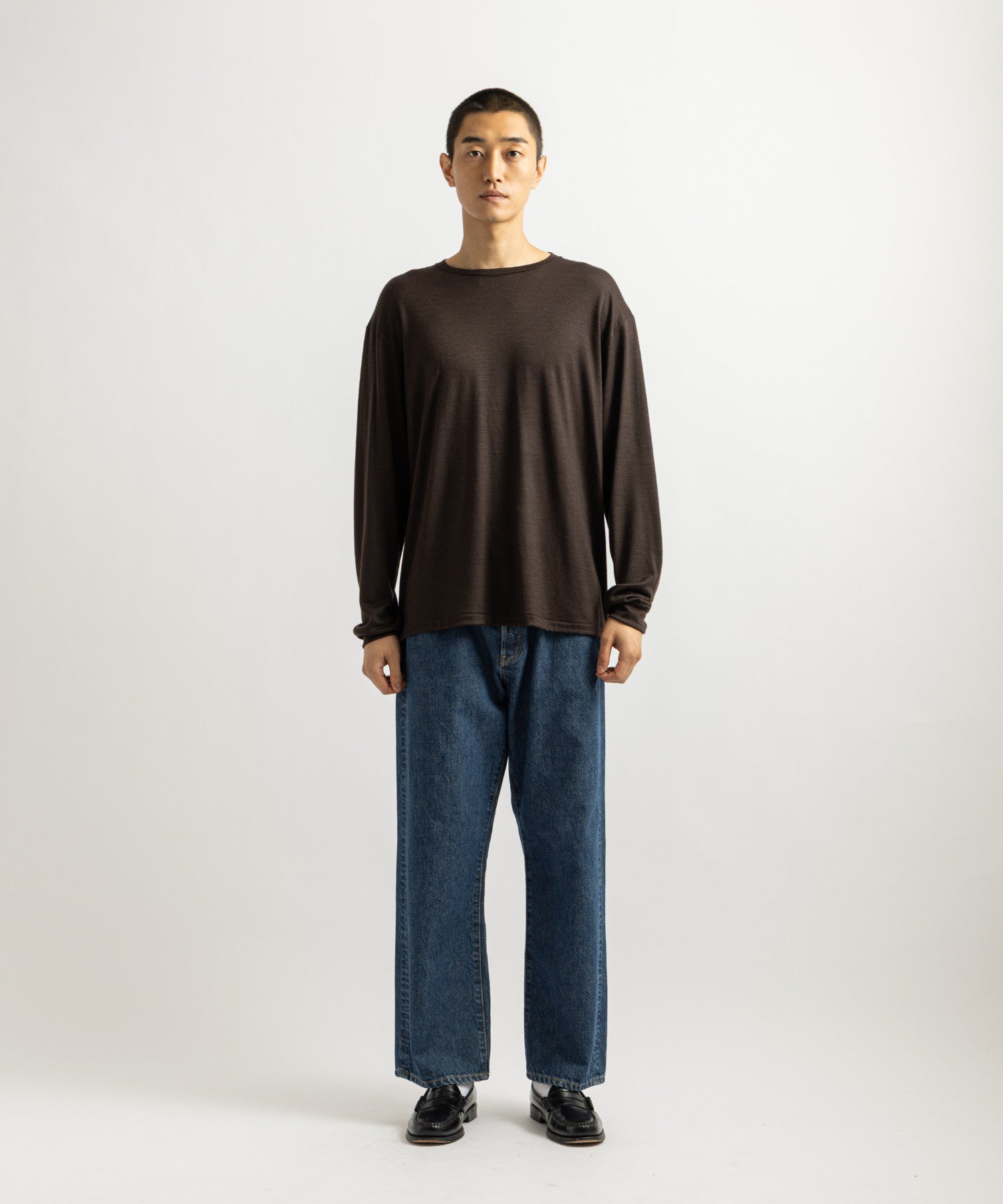 Saturdays NYC Lightweight Wool Long Sleeve Tee in Dark Brown