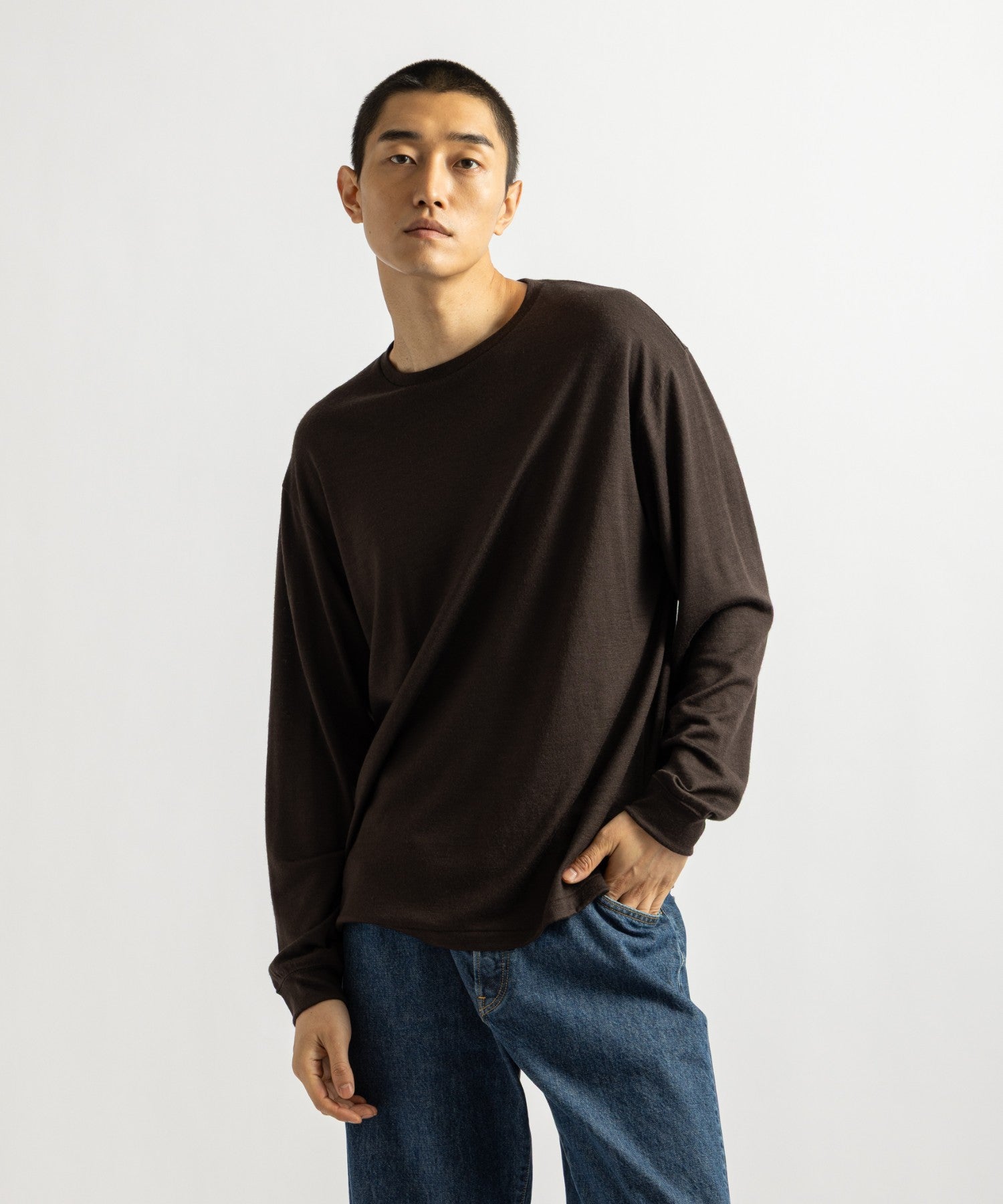 Saturdays NYC Lightweight Wool Long Sleeve Tee in Dark Brown