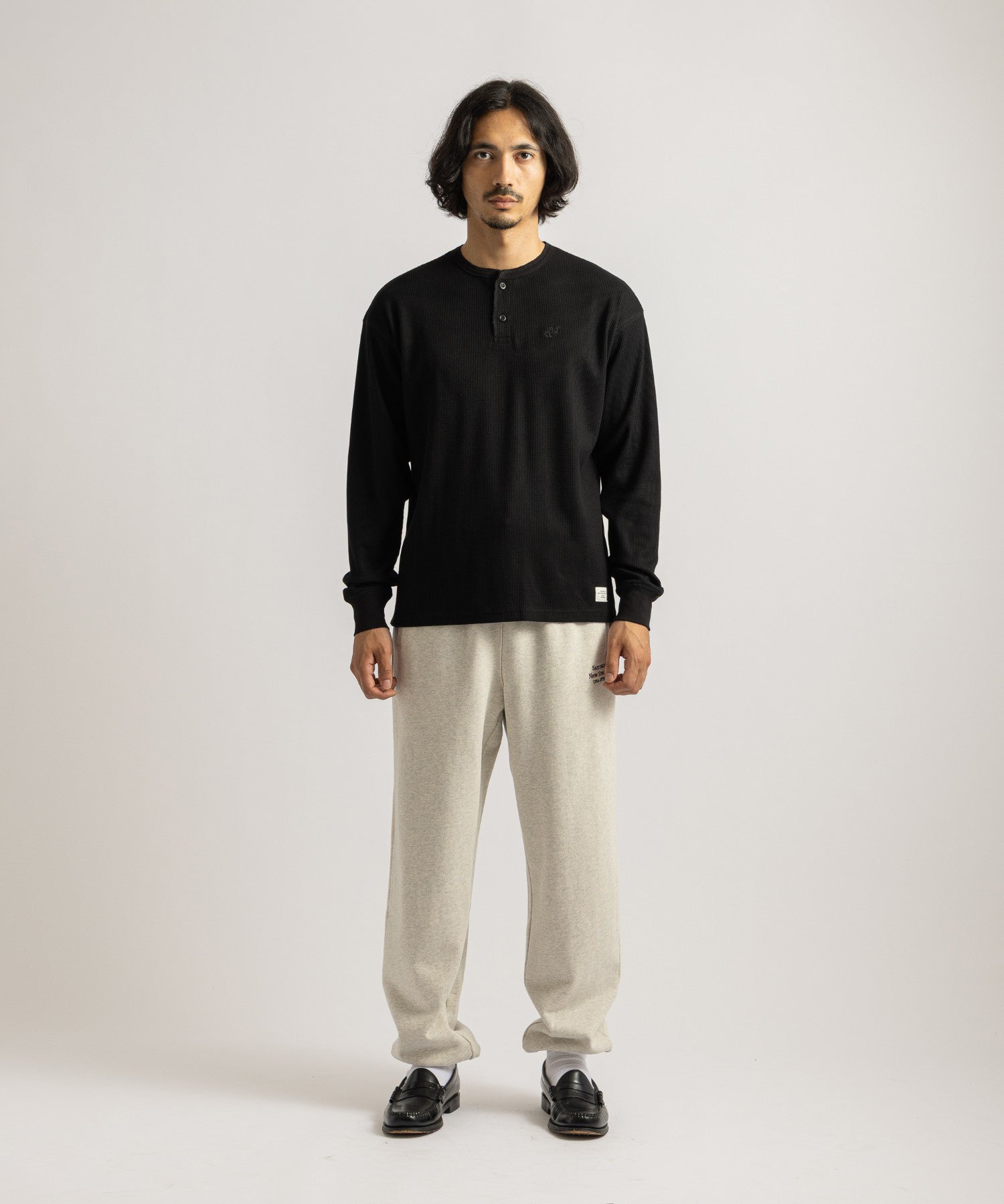 Saturdays NYC Alex Waffle Henley Neck Top in Black
