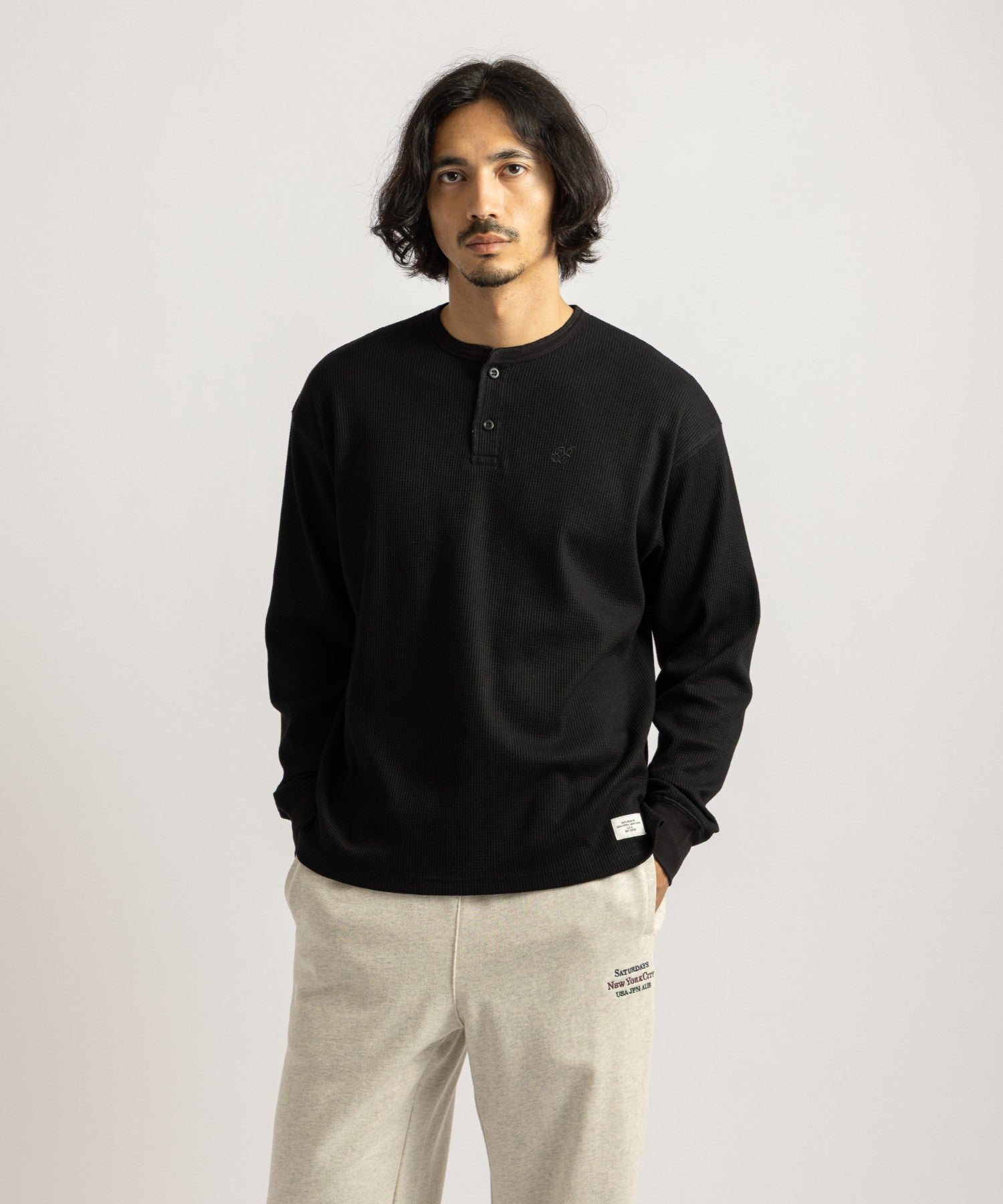 Saturdays NYC Alex Waffle Henley Neck Top in Black