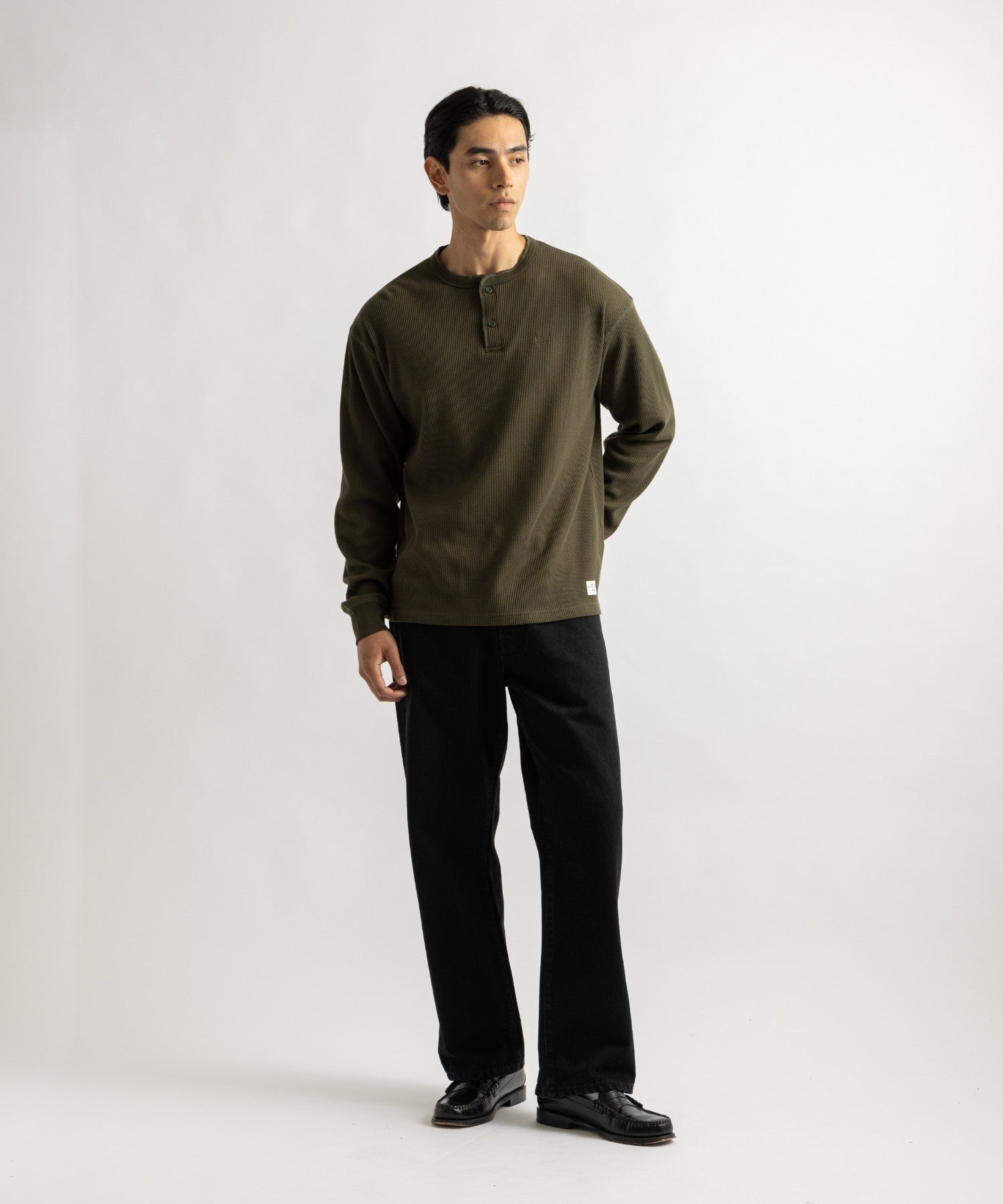 Saturdays NYC Alex Waffle Henley Neck Top in Olive Green