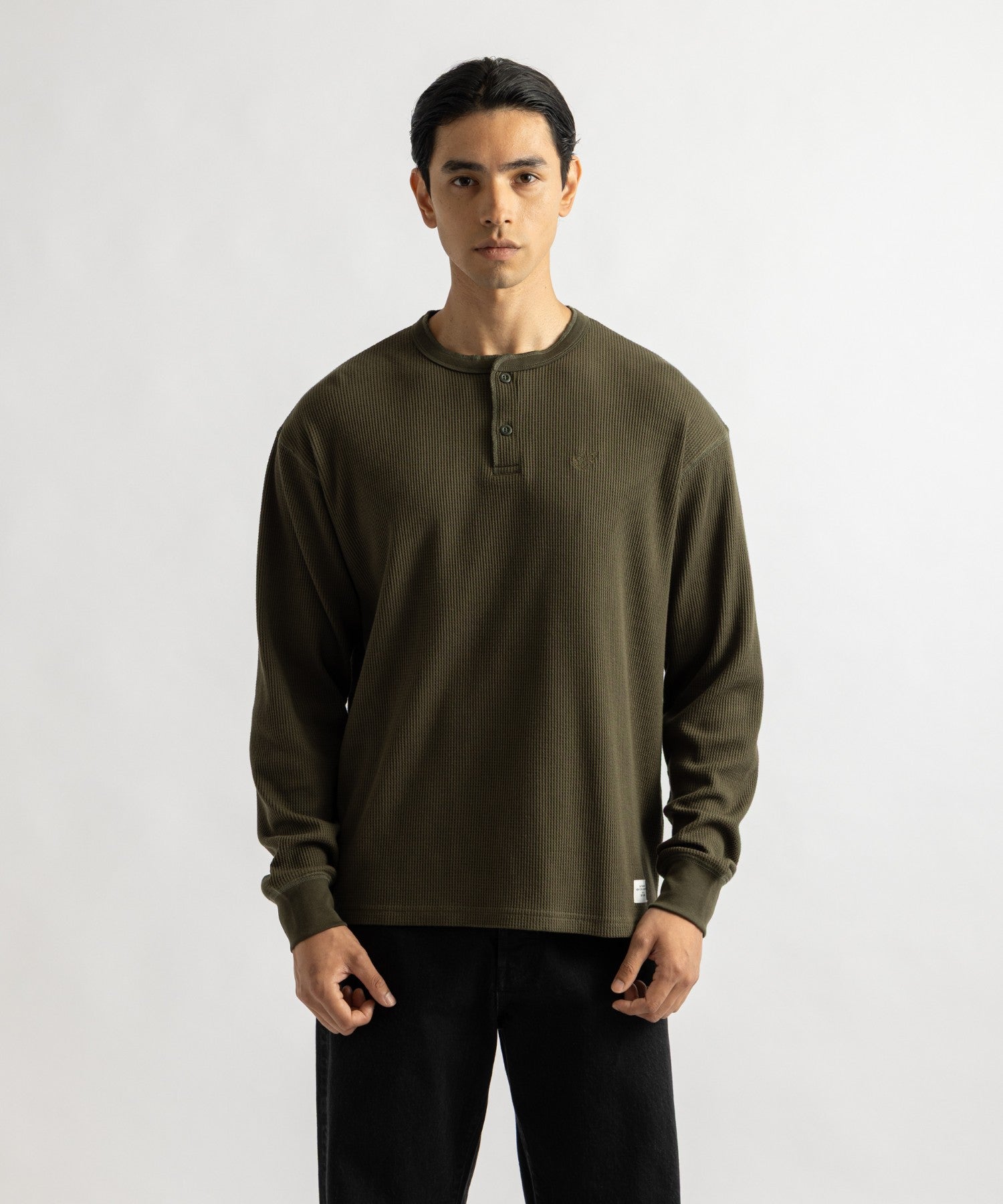 Saturdays NYC Alex Waffle Henley Neck Top in Olive Green